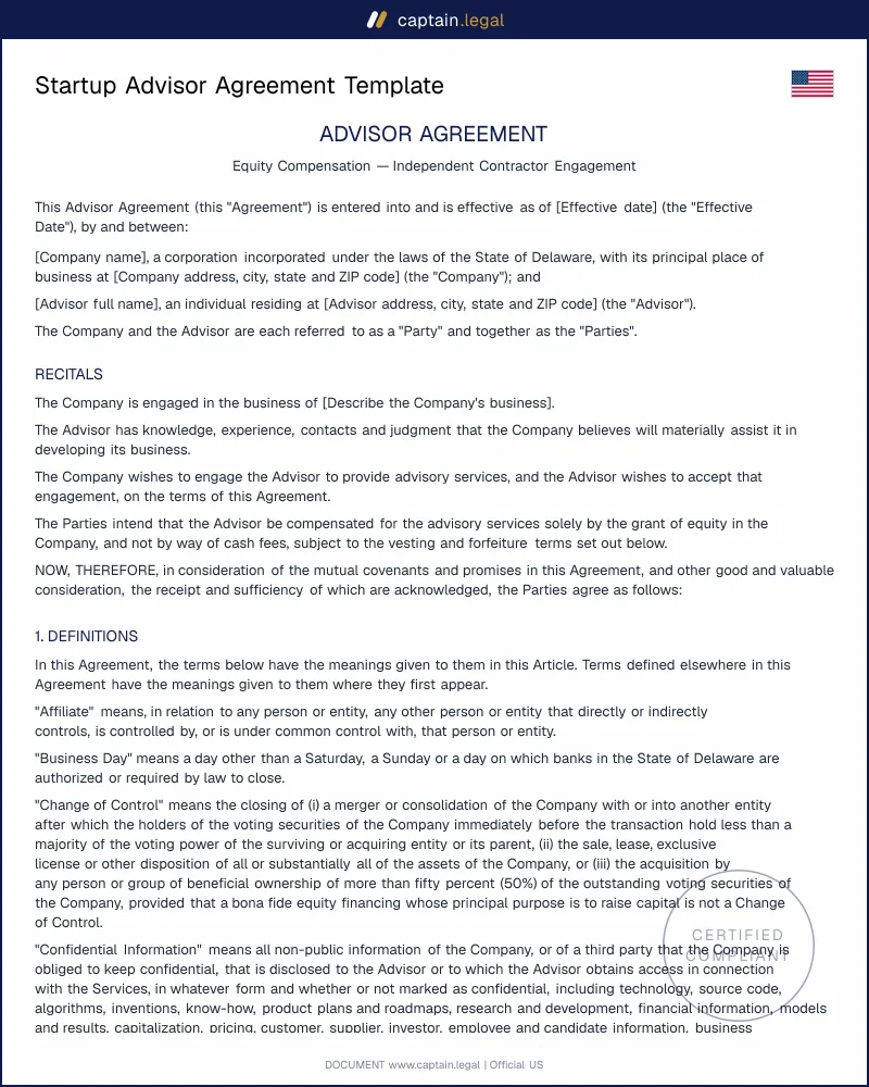Startup Advisor Agreement | Rule 701 & 409A Compliant
