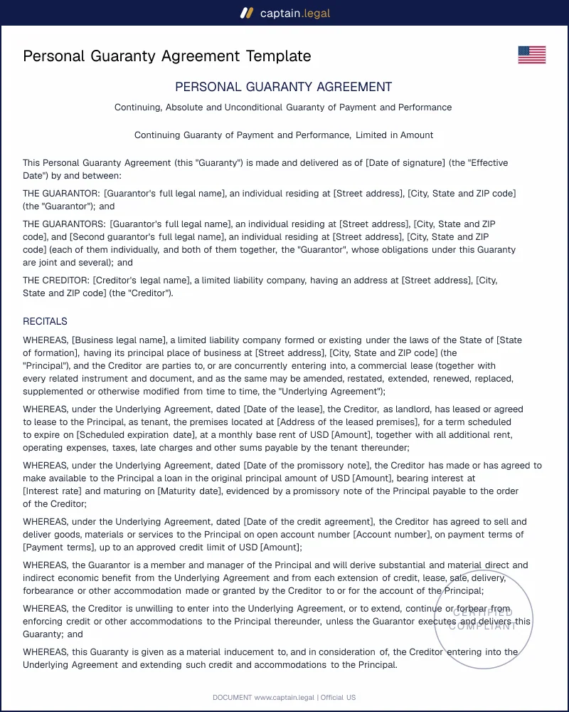 Personal Guaranty Agreement | Cal. Civ. Code 2856 Ready