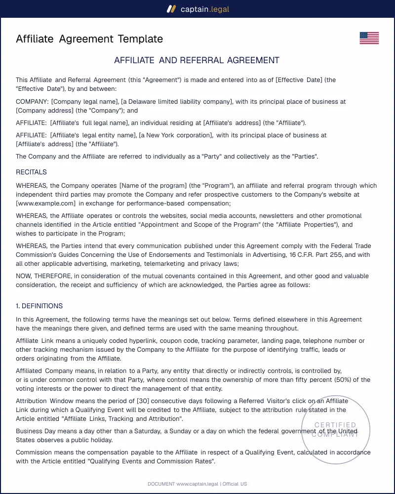 Affiliate Agreement Template | 16 CFR Part 255 Compliant