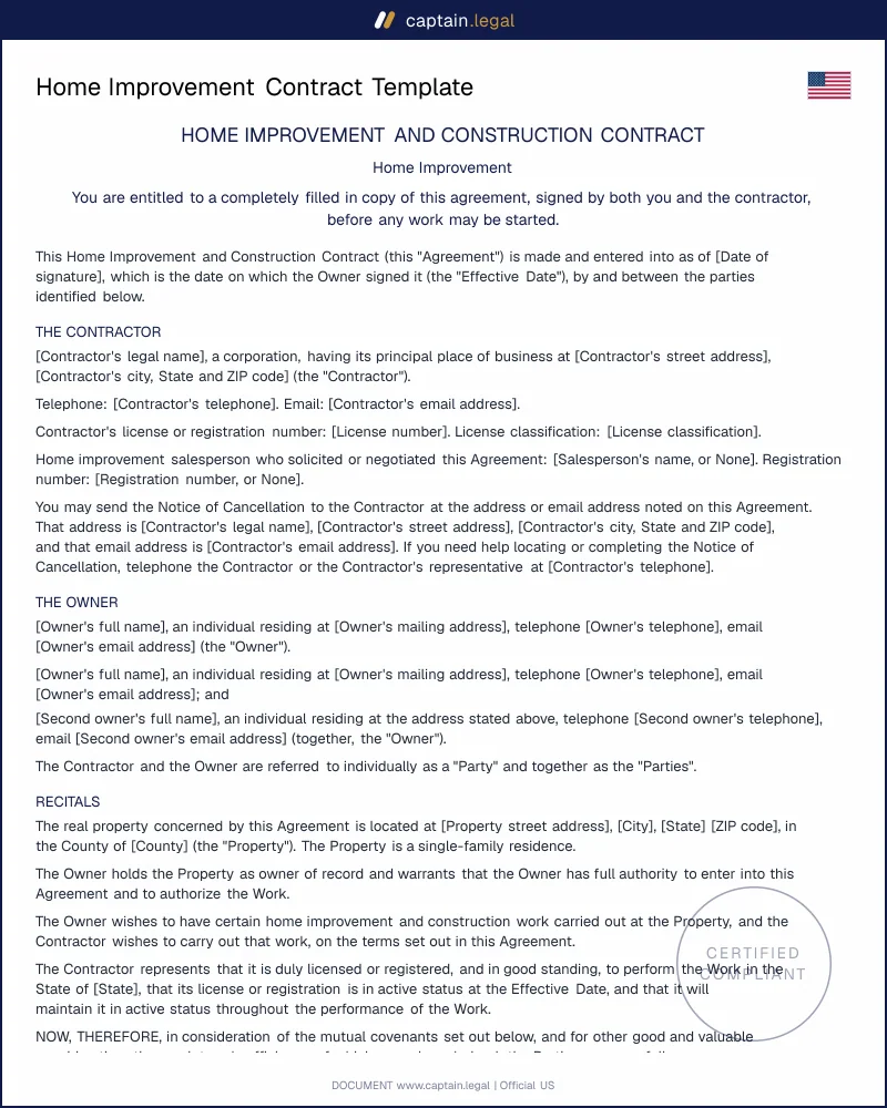 Home Improvement Contract | Cal. B&P 7159, NY GBL 771