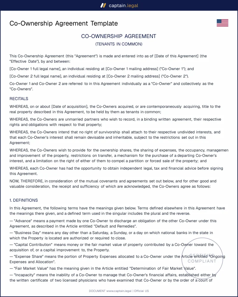 Co-Ownership Agreement | Civ. Code 686, CCP 872.210 Ready