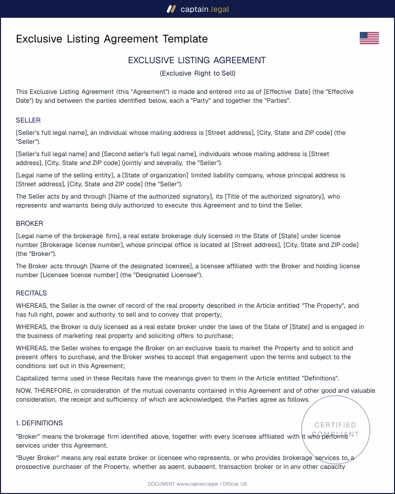 Exclusive Listing Agreement | B&P Code 10176(f) Ready