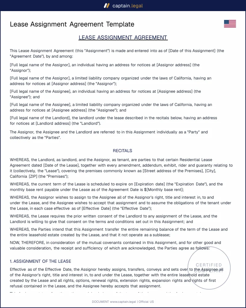 Lease Assignment Agreement | RPL 226-b, Civ. Code 1995.260