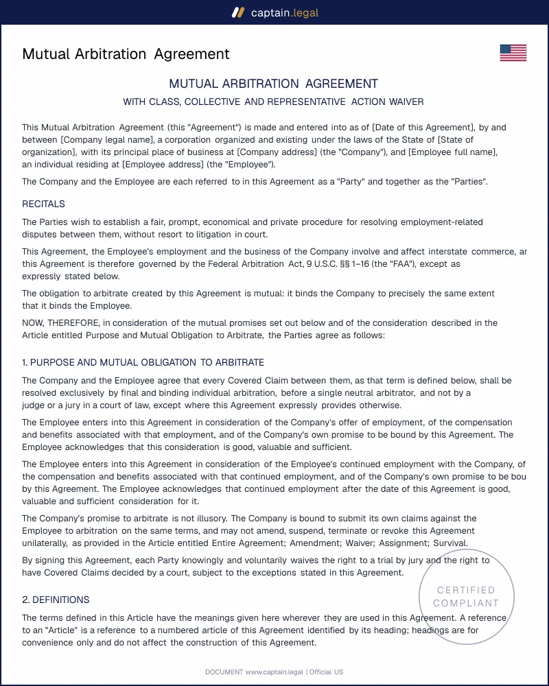 Arbitration Agreement Template | FAA & Epic Systems Ready