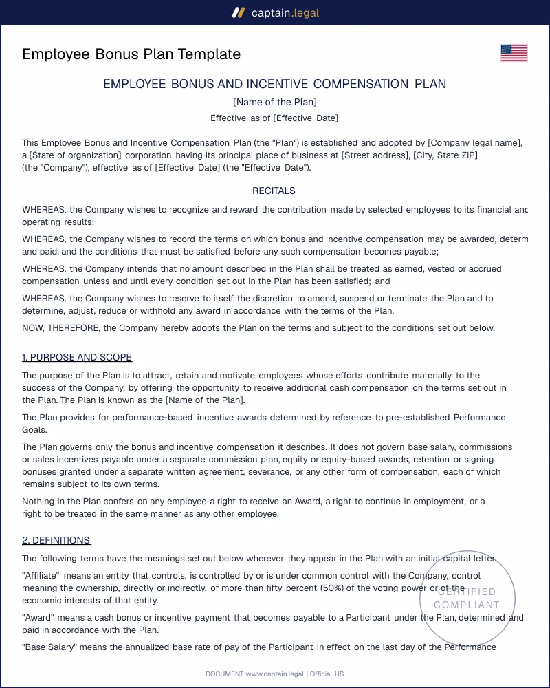Bonus Plan Template | 29 CFR 778.211 & 409A Ready