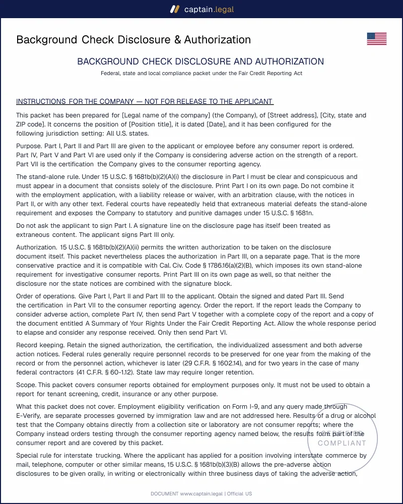 Background Check Disclosure Form | 15 USC 1681b(b)(2)