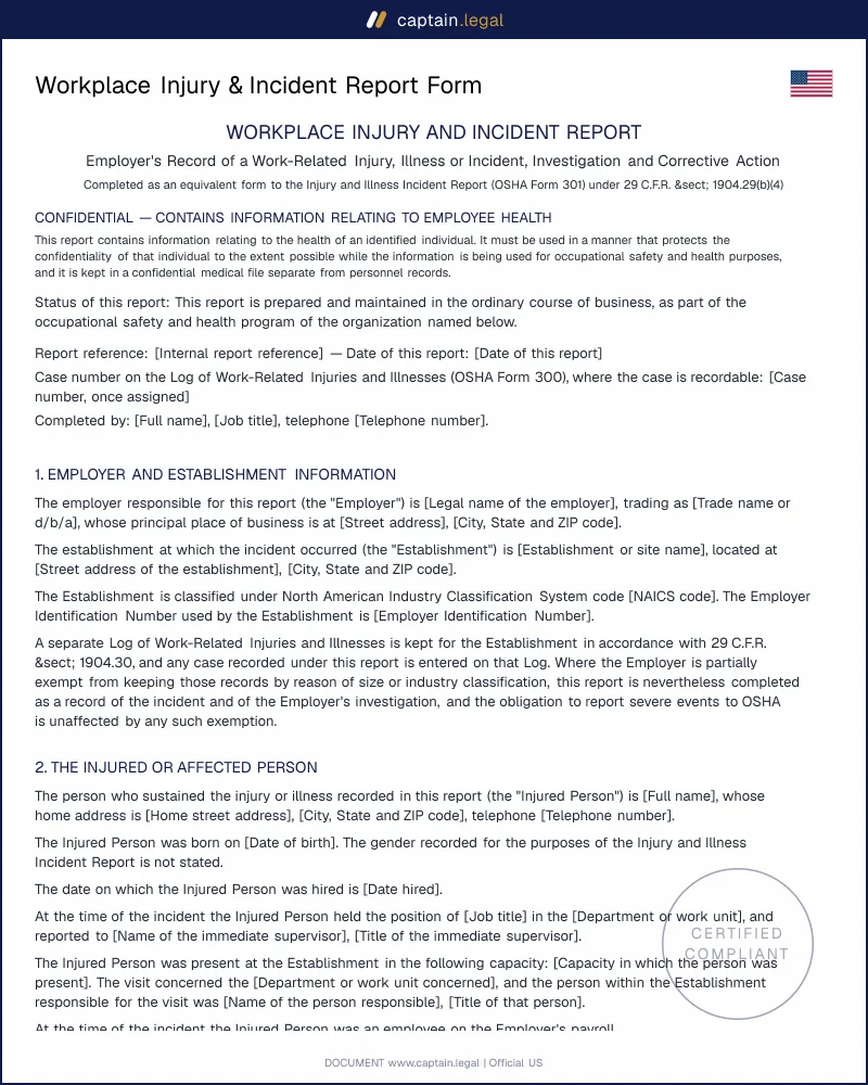 OSHA 300/301 Injury Report Form | 29 CFR 1904 Ready