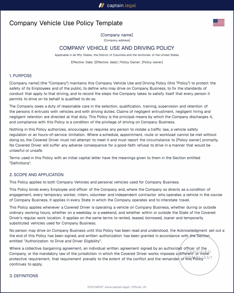 Company Vehicle Policy | FCRA & FMCSA 392.82 Ready