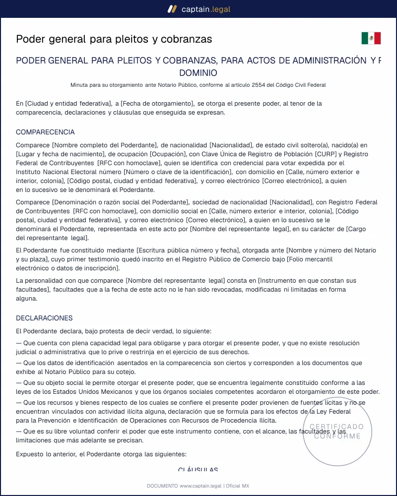 Poder general | Art. 2554 CCF | Minuta para notario