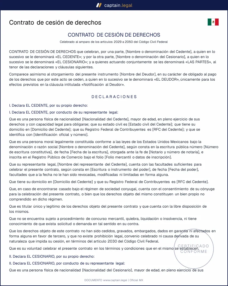 Cesión de derechos | Arts. 2029 a 2050 CCF | Word y PDF