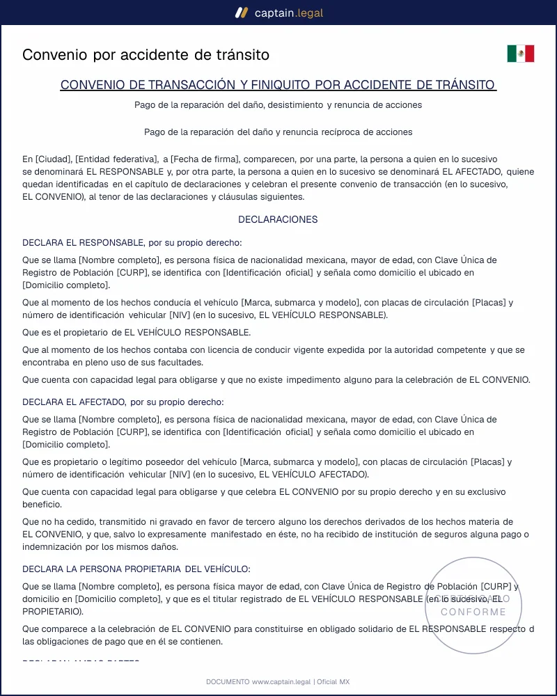 Convenio por accidente de tránsito | Arts. 1910 y 2944 CCF