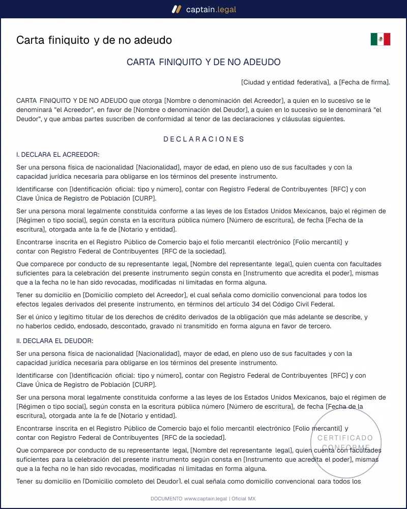 Carta finiquito y de no adeudo | Arts. 2062 y 2074 CCF