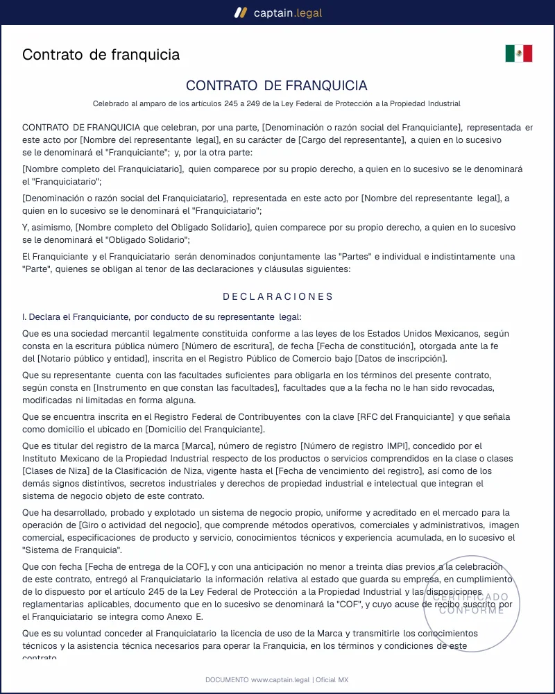Contrato de franquicia | Art. 245 LFPPI | Word y PDF