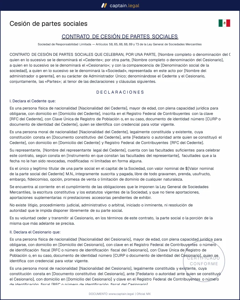 Cesión de partes sociales | Arts. 65, 66 y 73 LGSM