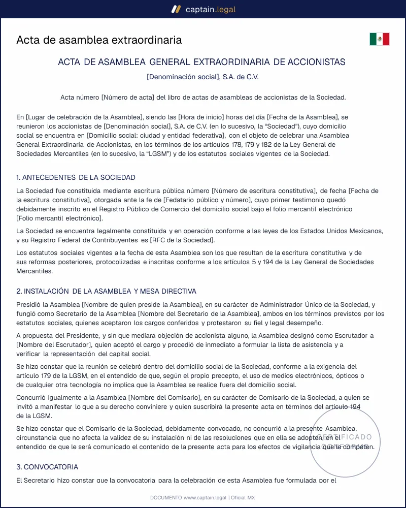 Acta de asamblea extraordinaria | Art. 182 LGSM | México
