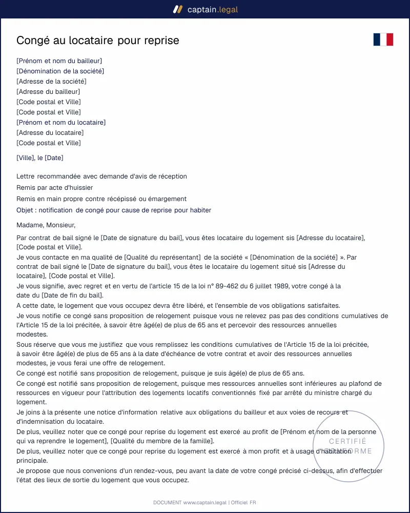 Congé au locataire pour reprise du logement