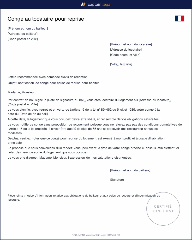 Congé au locataire pour reprise du logement