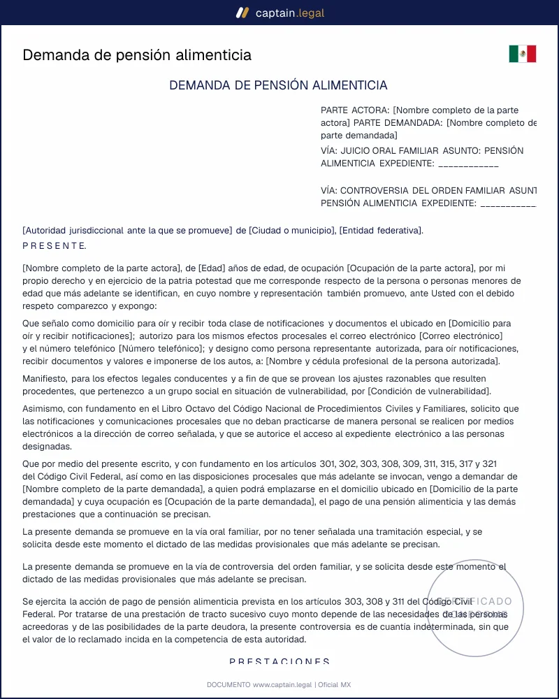 Demanda de pensión alimenticia | Arts. 303 y 311 CCF