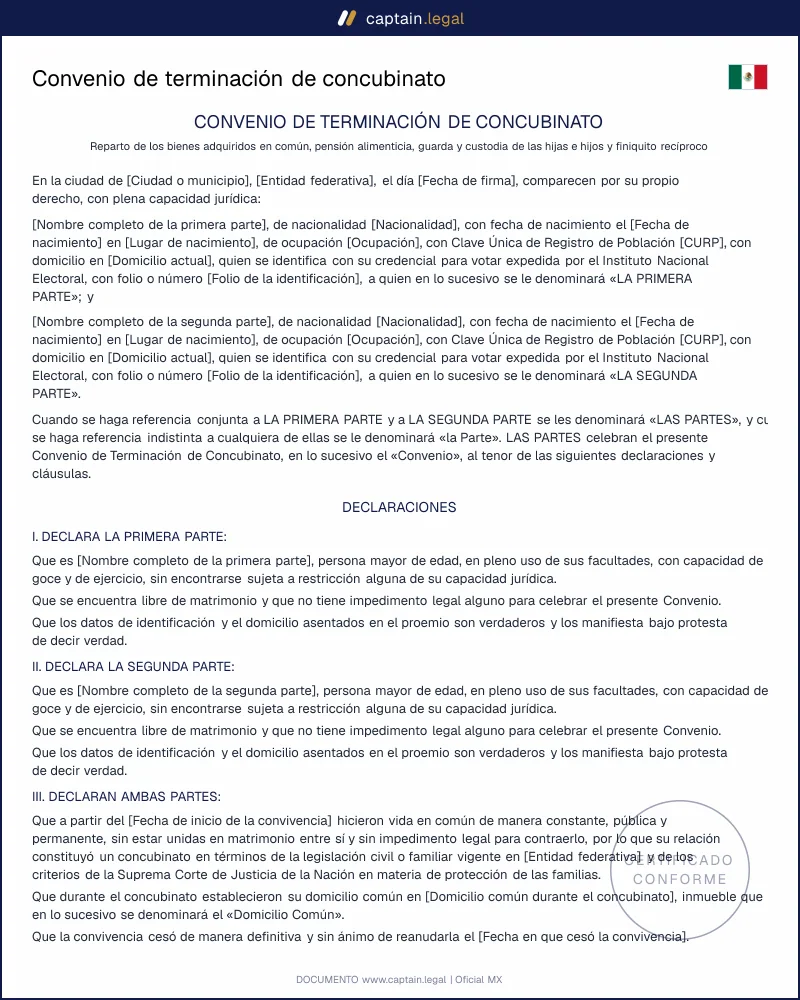Convenio de terminación de concubinato | Art. 291 Quintus