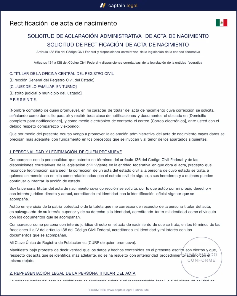 Aclaración de acta de nacimiento | Art. 138 Bis CCF