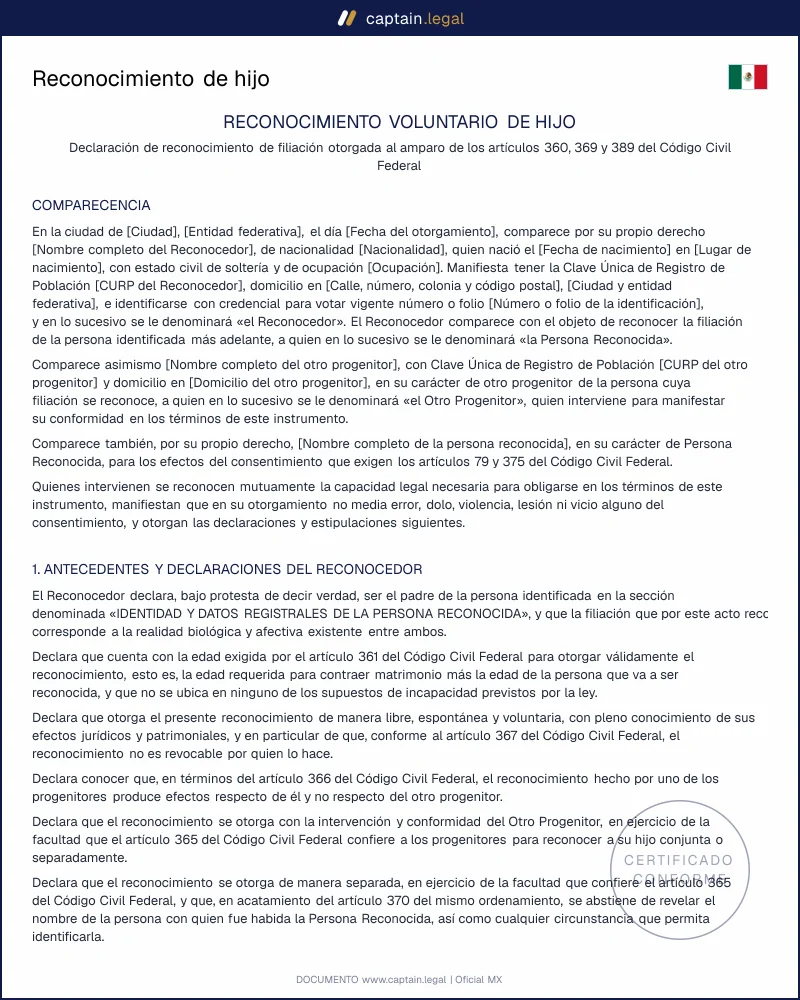 Reconocimiento de hijo | Arts. 360 y 369 CCF | Word y PDF