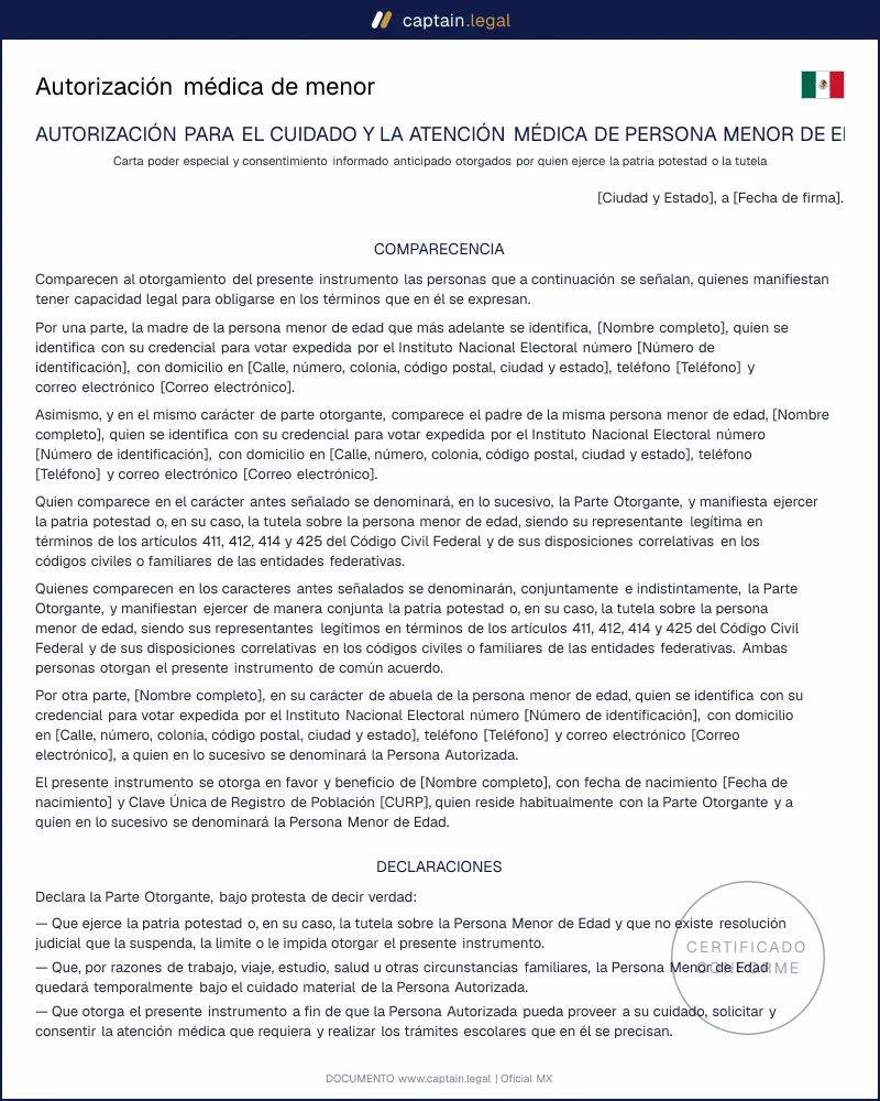 Autorización médica de menor | Art. 425 CCF | Word y PDF