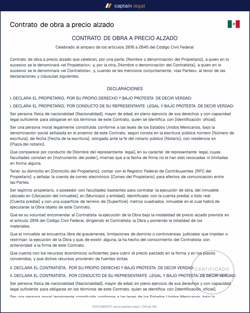 Contrato de obra a precio alzado | Arts. 2616-2645 CCF