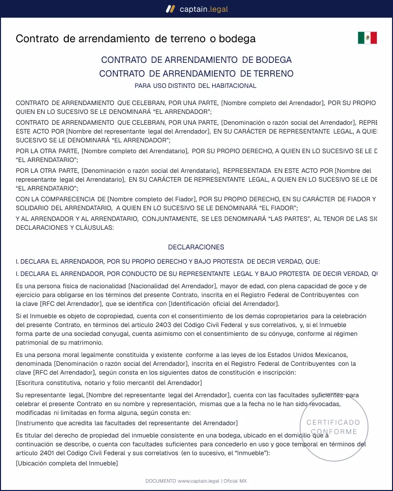 Arrendamiento de terreno o bodega | Art. 2398 CCF