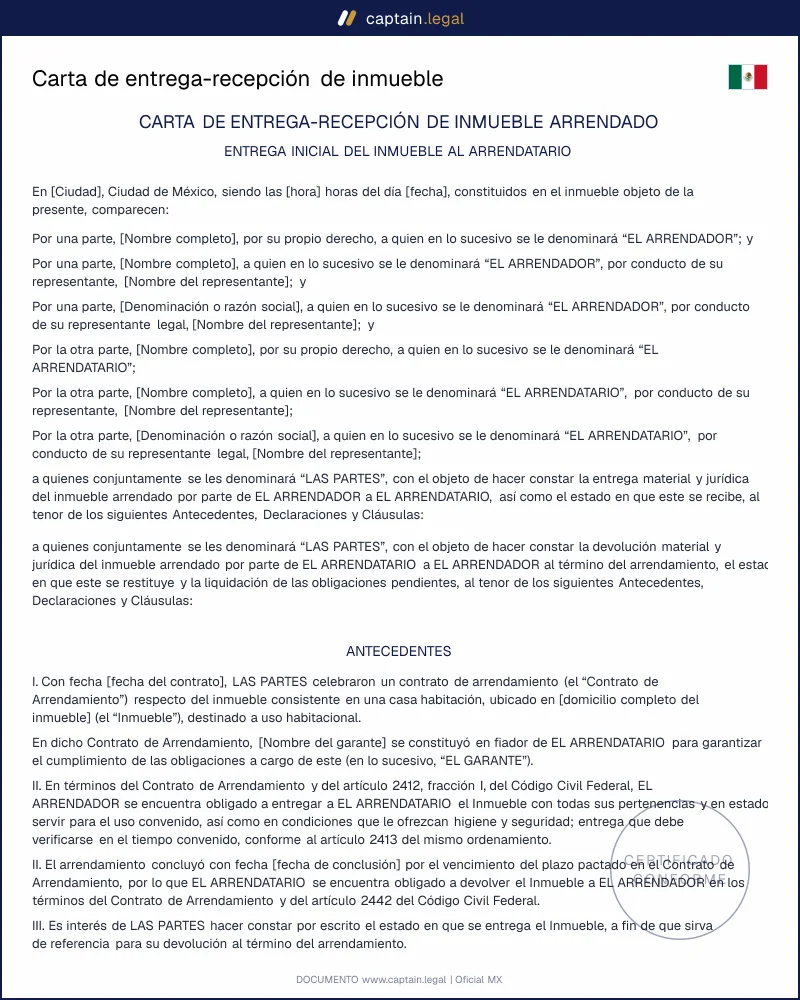 Carta de entrega-recepción | Arts. 2412 y 2442 CCF