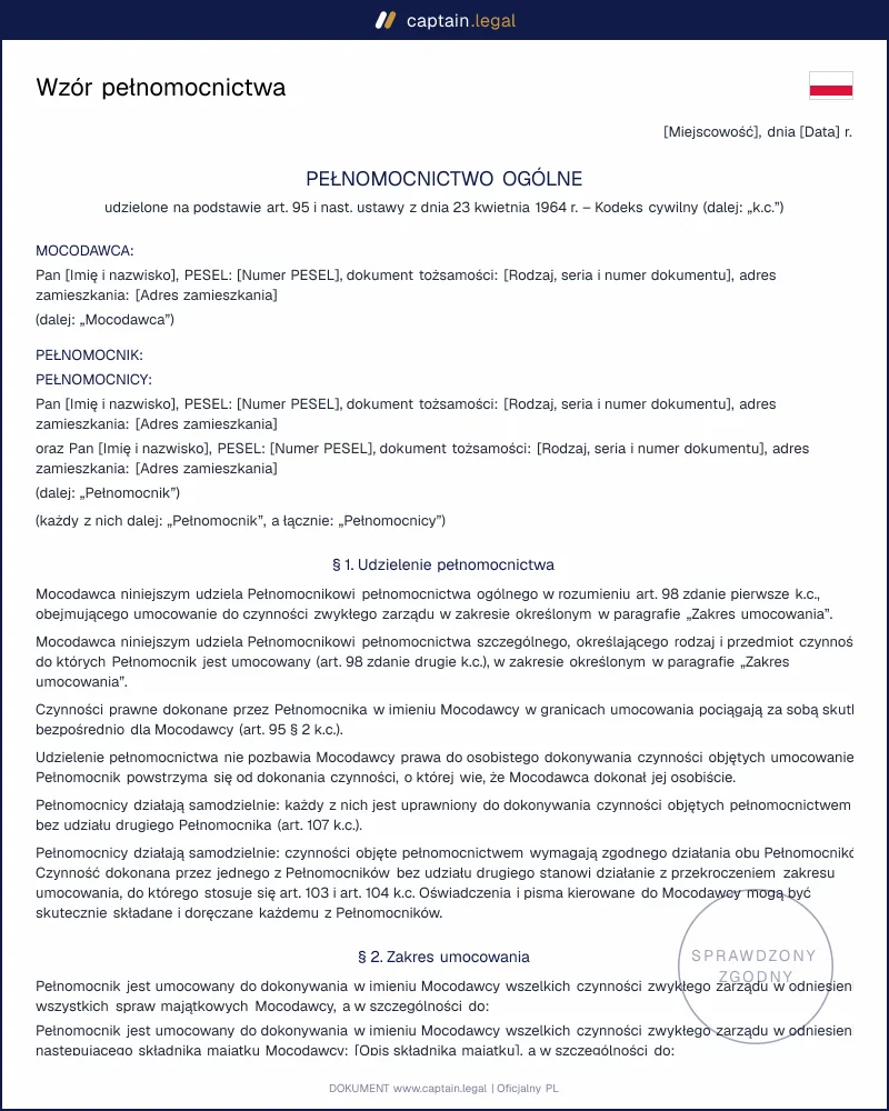 Pełnomocnictwo wg art. 98 i 99 KC: wzór Word i PDF