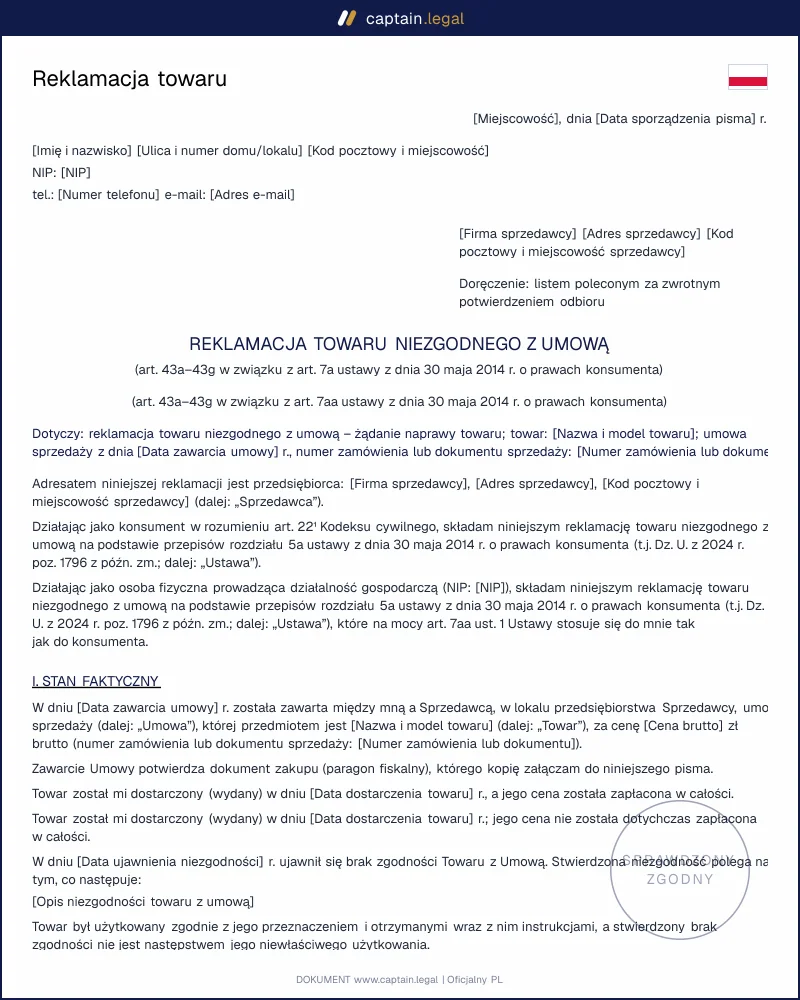 Reklamacja towaru wg art. 43a-43g u.p.k.: wzór pisma
