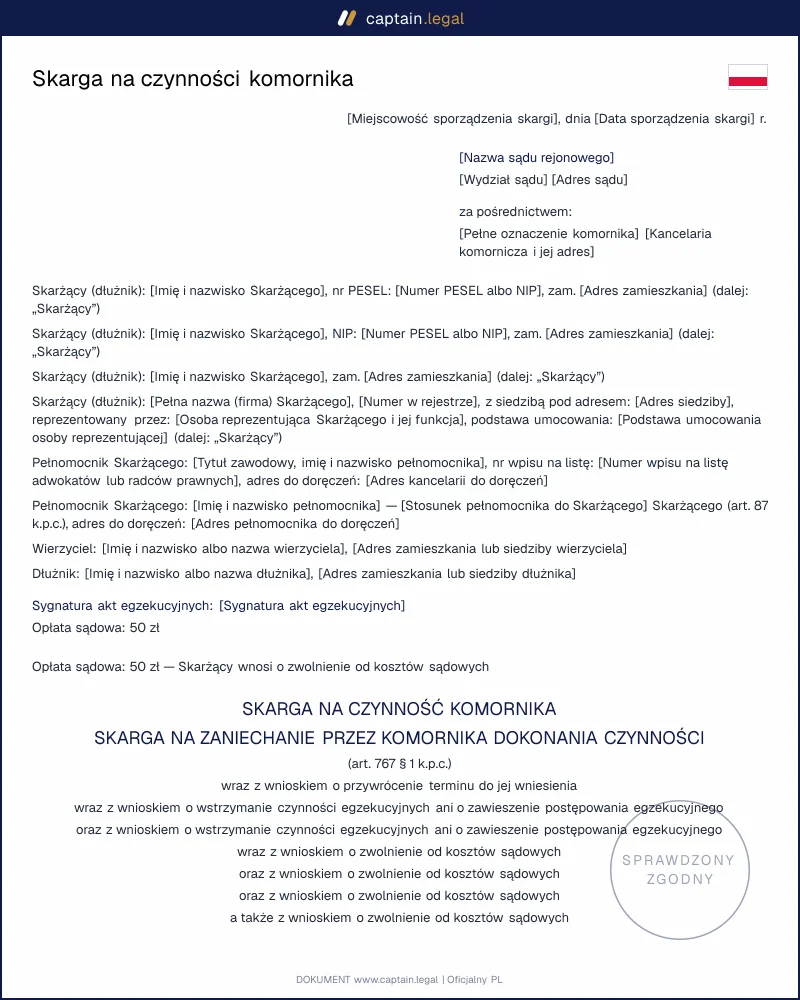 Skarga na komornika wg art. 767 KPC: termin 7 dni i wzór