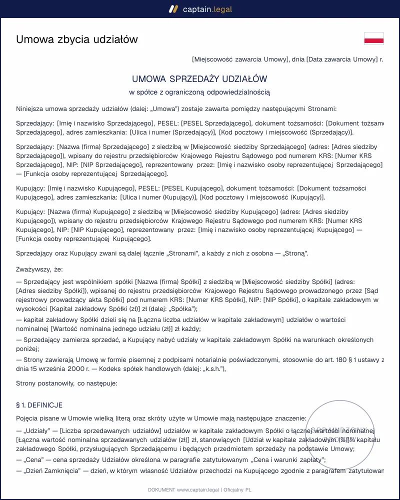 Umowa zbycia udziałów wg art. 180 KSH: wzór Word i PDF