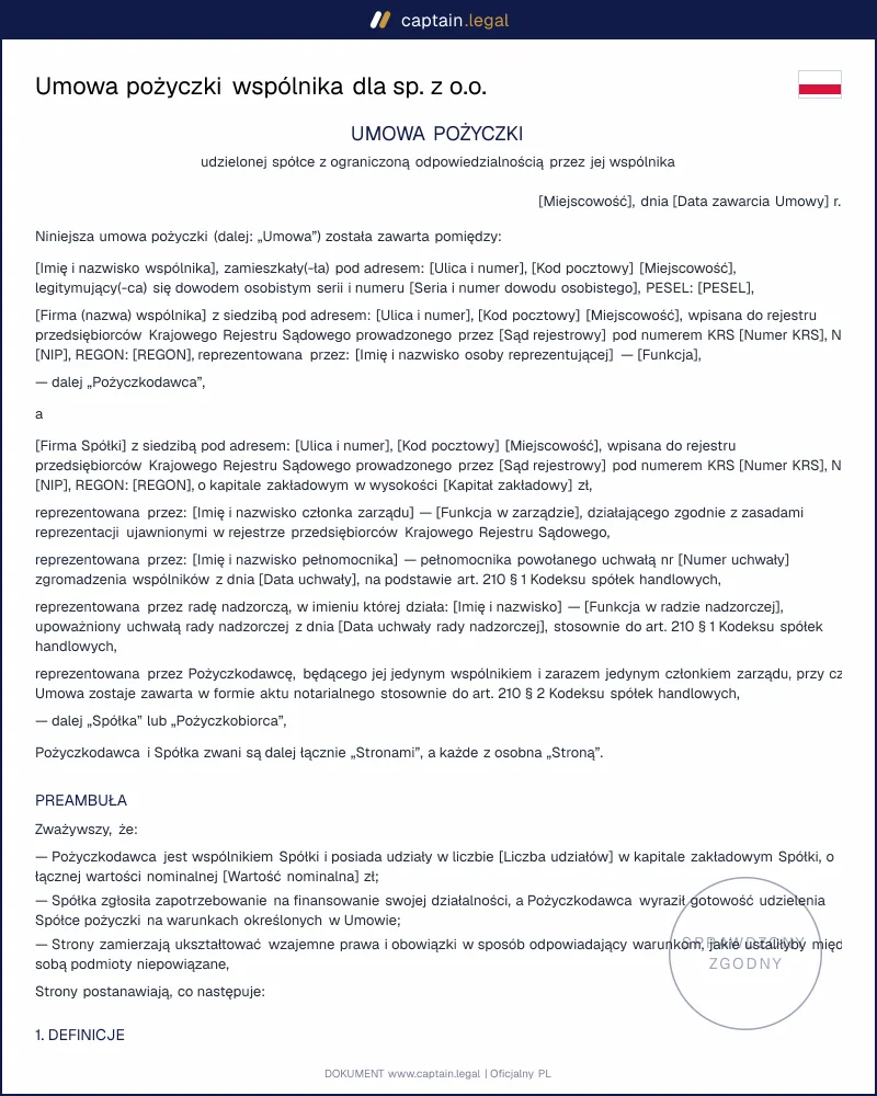 Pożyczka wspólnika dla sp. z o.o.: art. 720 KC i 210 KSH