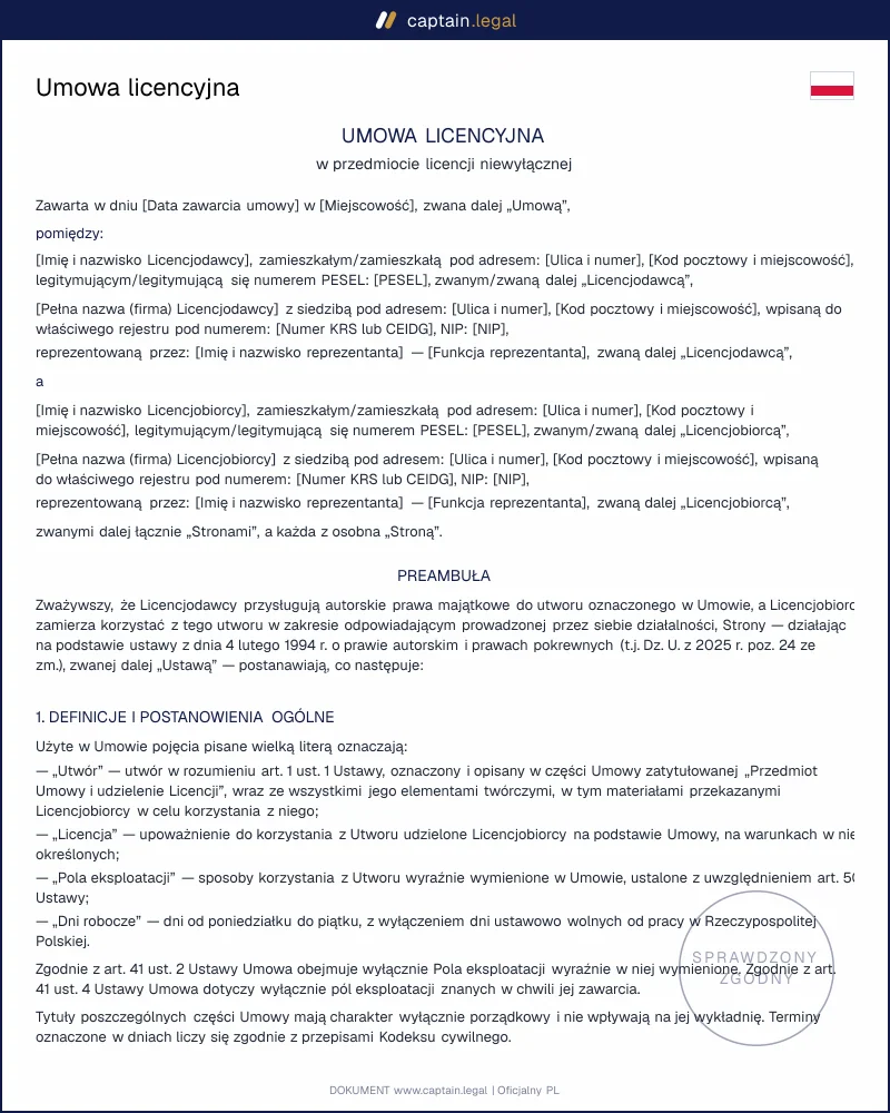 Umowa licencyjna wg art. 67 prawa autorskiego: wzór