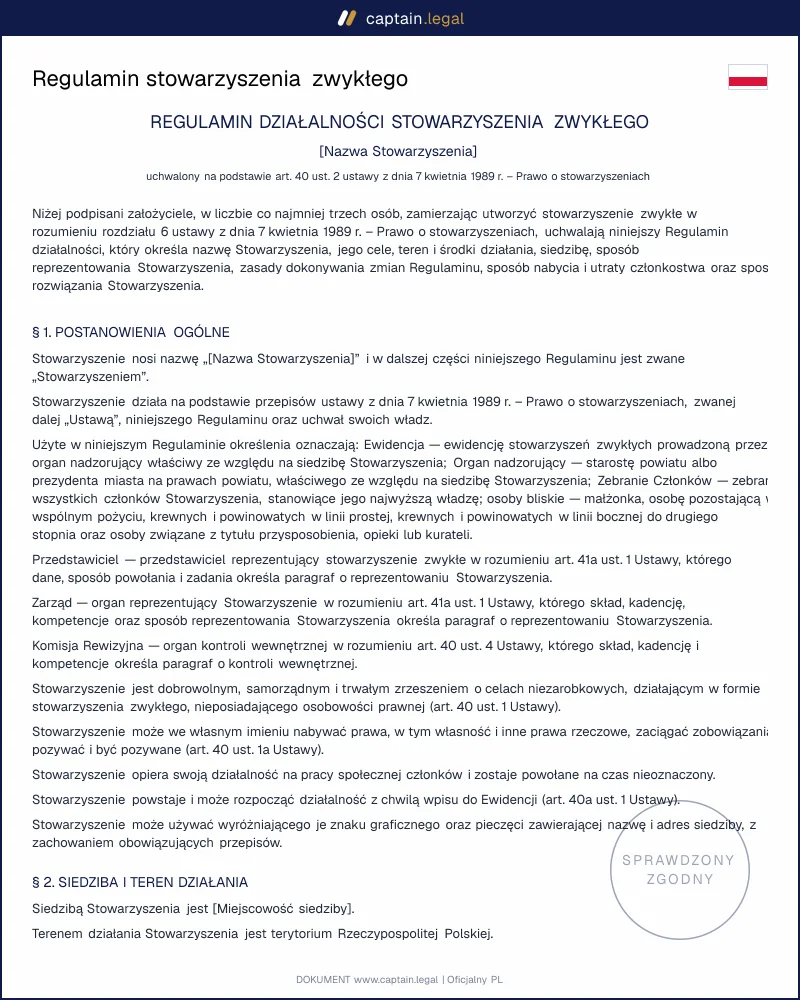 Regulamin stowarzyszenia zwykłego wg art. 40 PoS