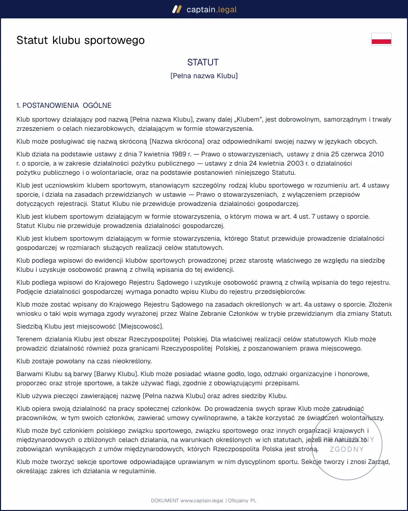 Statut klubu sportowego wg art. 10 Prawa o stowarzyszeniach