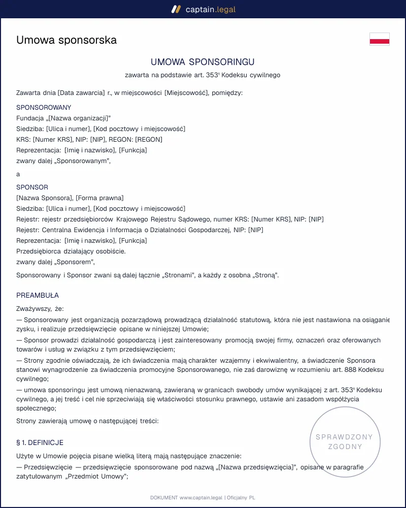 Umowa sponsorska wg art. 353¹ KC: wzór dla NGO