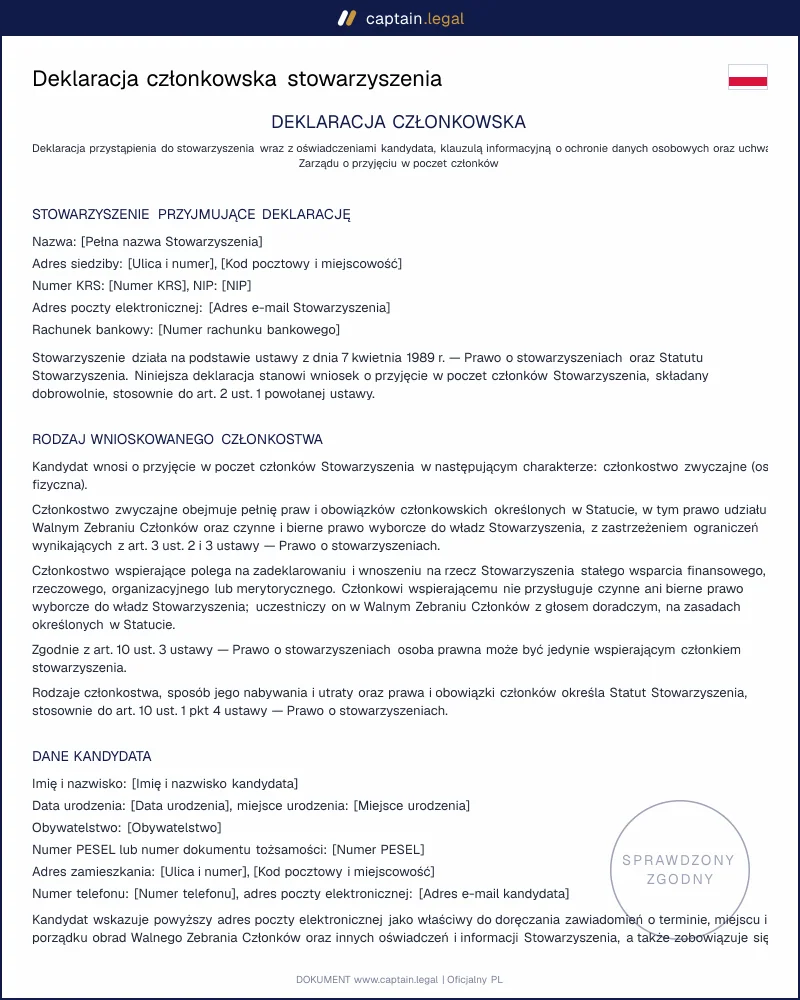Deklaracja członkowska wg art. 10 Prawa o stowarzyszeniach