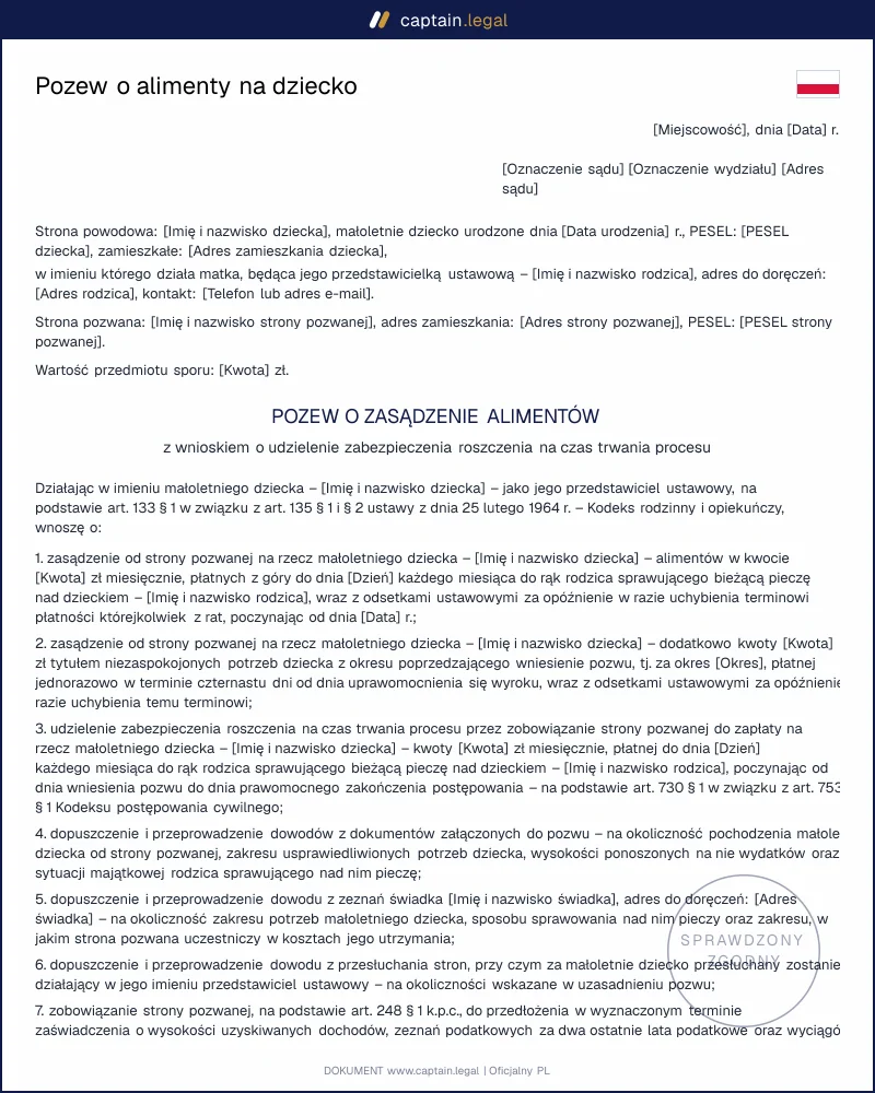 Pozew o alimenty wg art. 133 KRO: wzór Word i PDF