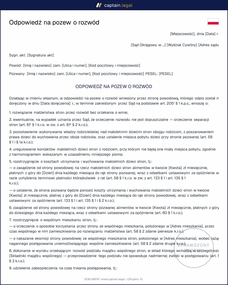Odpowiedź na pozew o rozwód wg art. 205¹ KPC: wzór