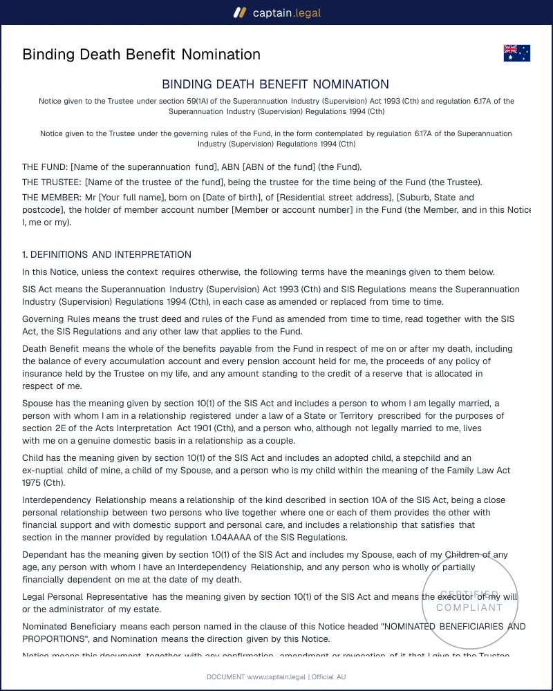 Binding Death Benefit Nomination | SIS Act & Reg 6.17A