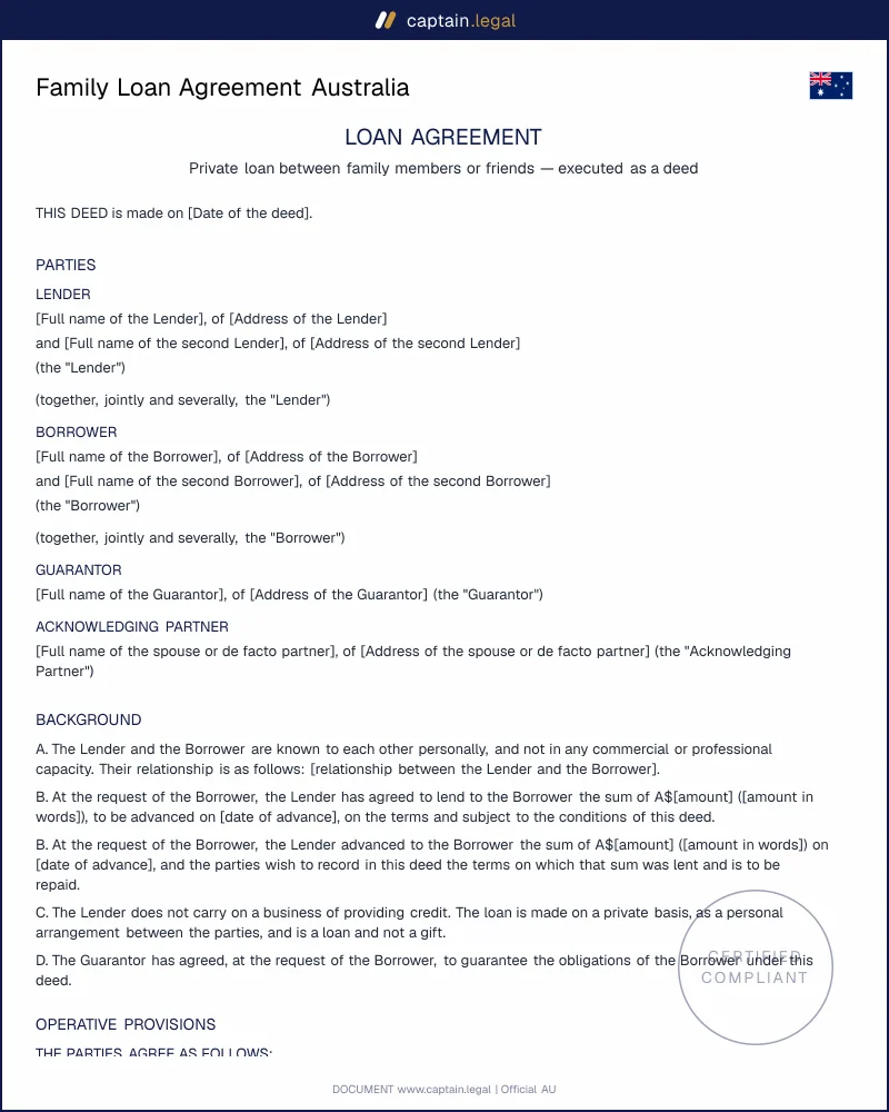 Private Loan Agreement AU | Outside National Credit Code