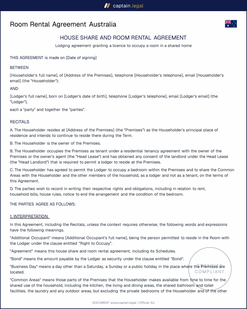 Lodger Agreement AU | Outside the Residential Tenancies Act