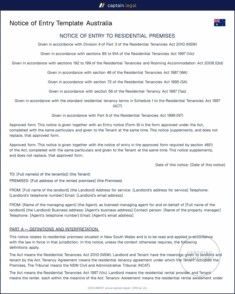 Notice of Entry | s.55 RTA NSW, s.86 Vic, Form 9 Qld
