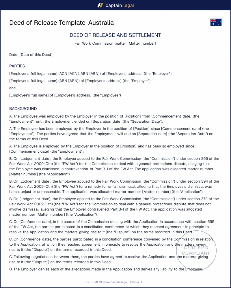 Deed of Release & Settlement | s.595 Fair Work Act