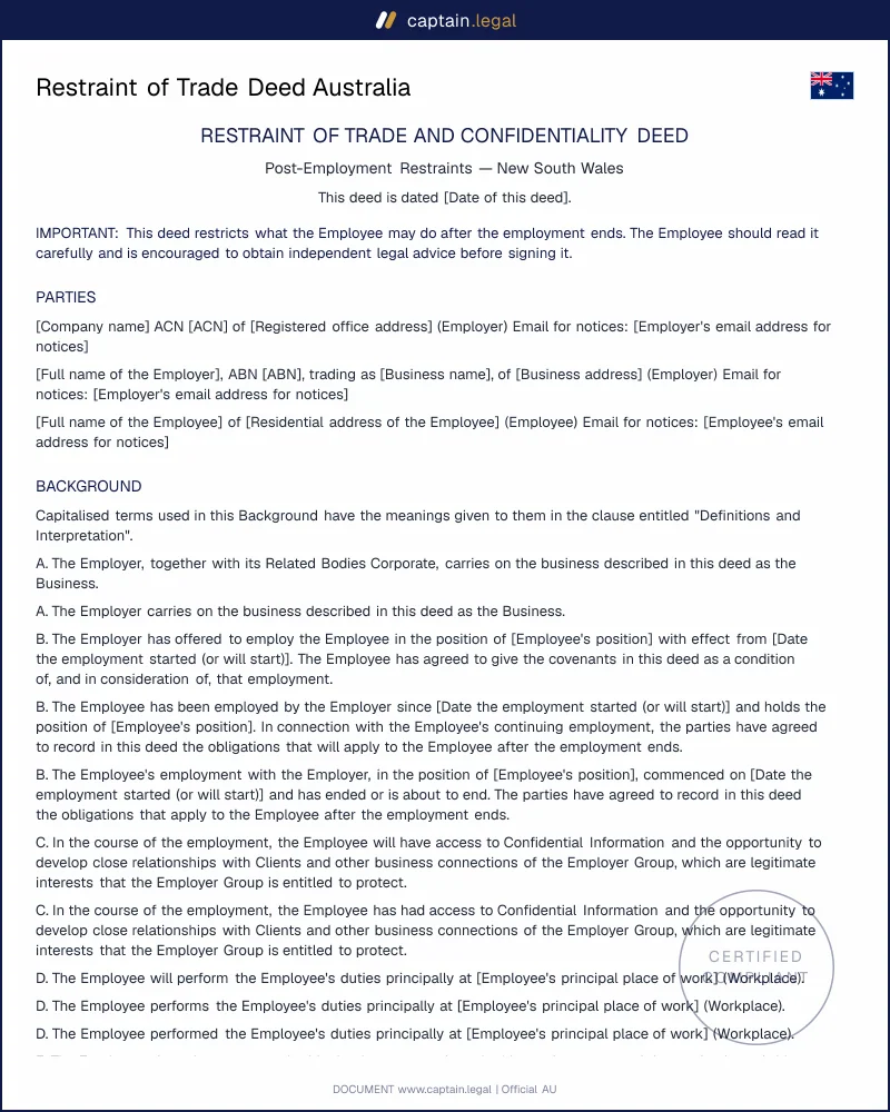 Restraint of Trade Deed | s.4 Restraints of Trade Act NSW