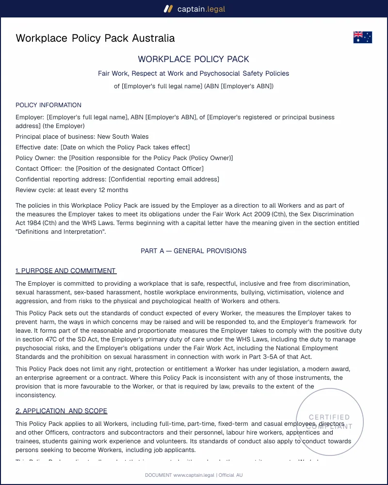 Workplace Policy Pack | s.47C SDA & WHS Psychosocial Rules