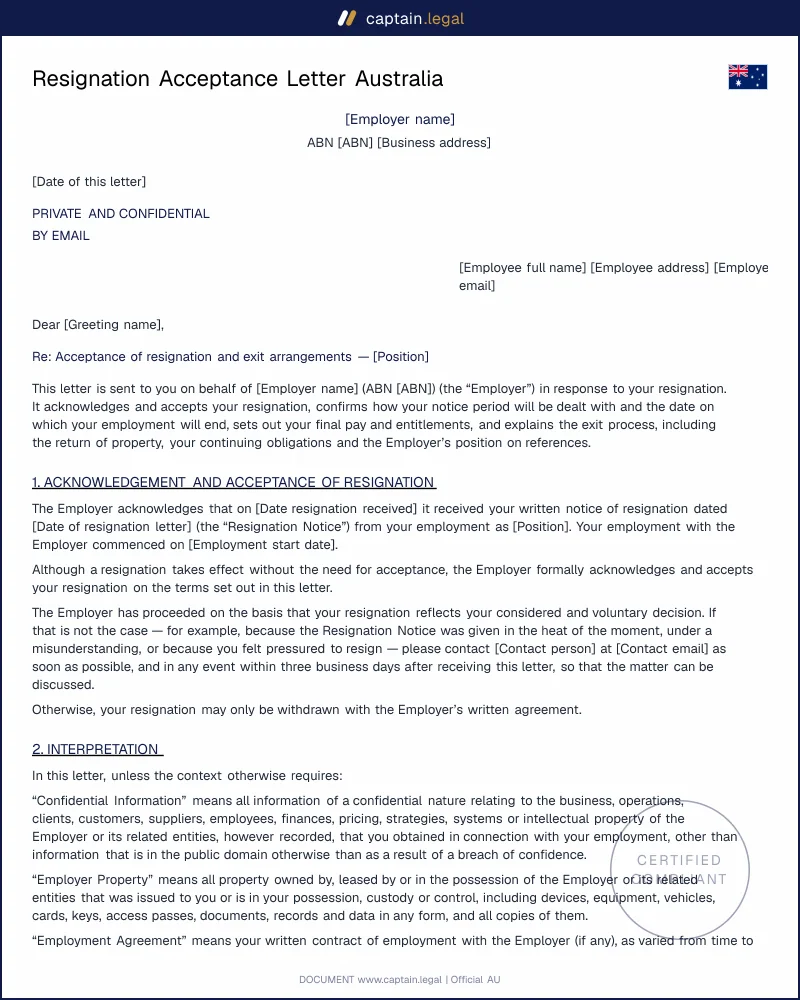 Resignation Acceptance & Exit Pack | s.90 & s.117 FWA