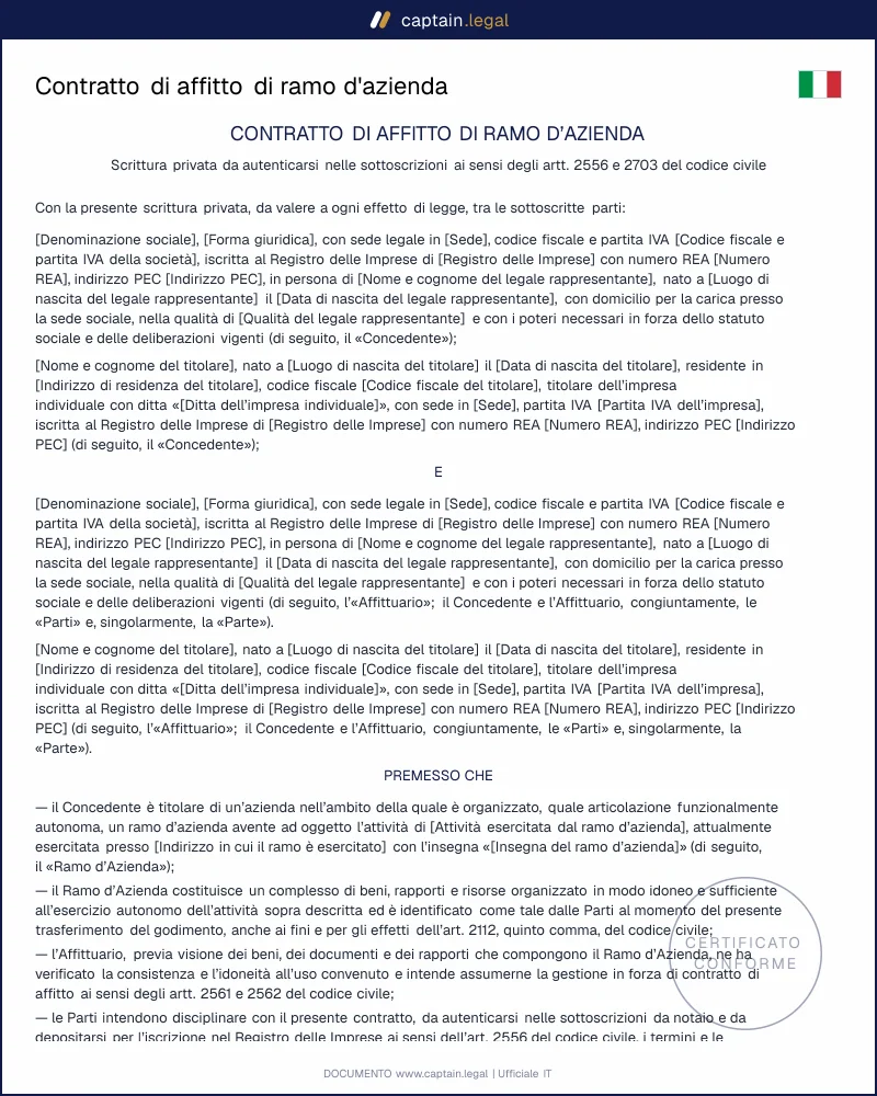 Affitto di ramo d'azienda ex artt. 2562 e 2112 c.c.